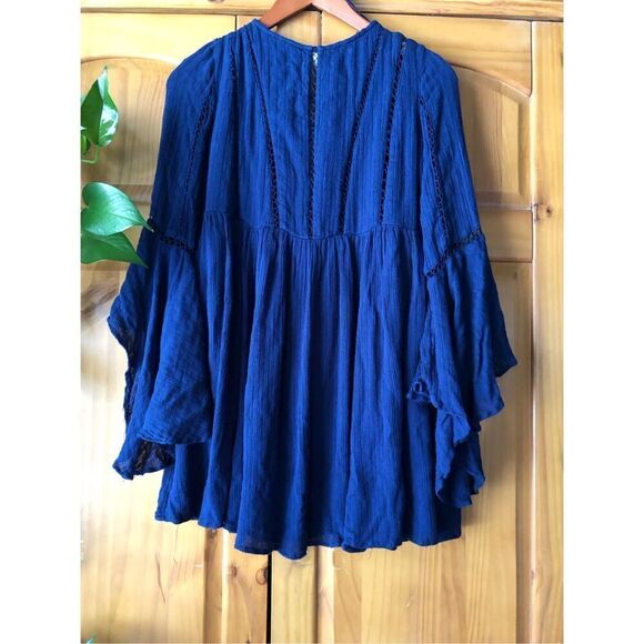 Free People Women Romeo Navy Blue Ladder Trim Boho Mini Dress SP - Picture 6 of 14
